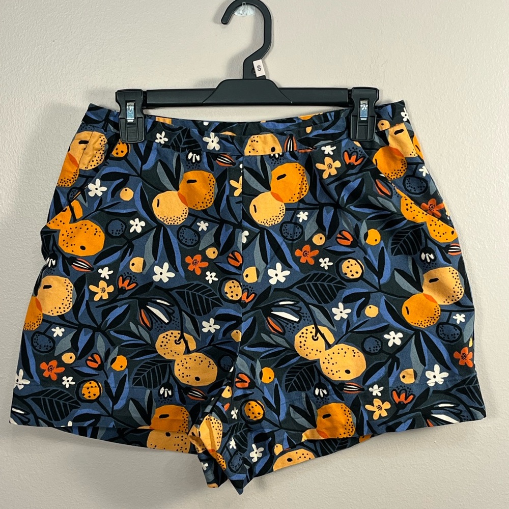 High Waist Blue Floral & Citrus Print Women's Shorts